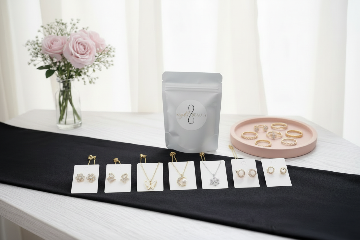 Stainless steel mixed jewelry with white pouch and pink tray