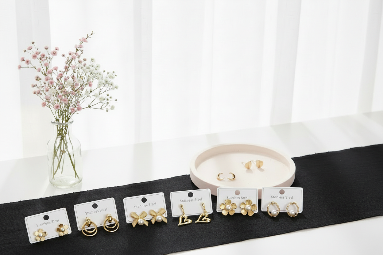 Stainless steel earrings on display cards with pink ceramic tray