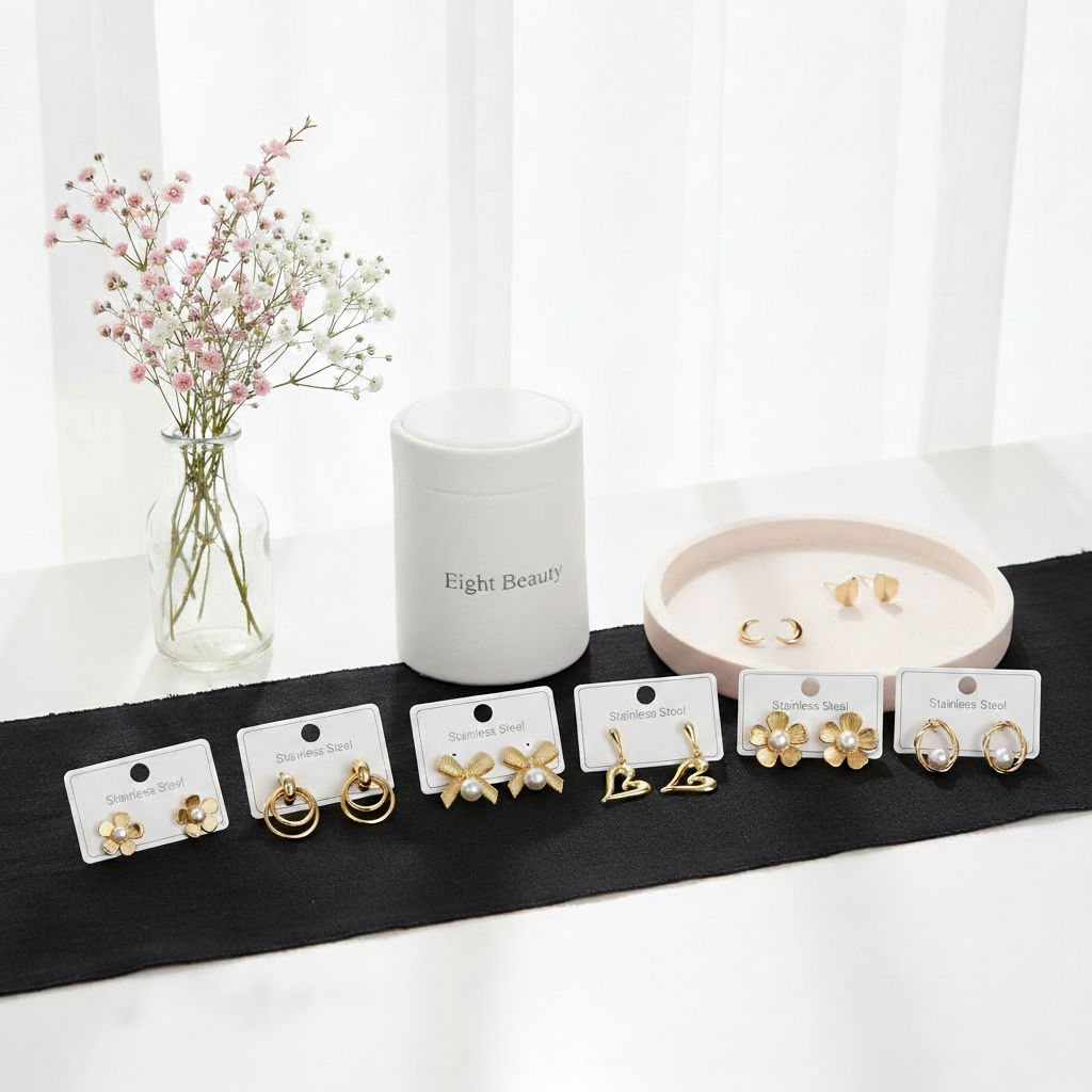 Stainless steel earrings on display cards with Eight Beauty pouch and pink ceramic tray
